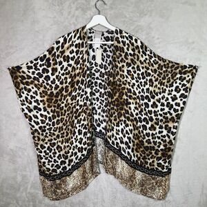 Chicos Neutral Leopard Long Cover Up Tunic Lean Ruana Open Wrap One Size